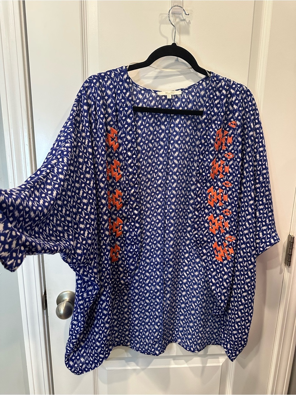 Miss Me Blue Geometric Open-Front Kimono with Orange Embroidery